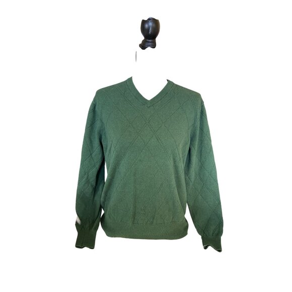 Alan Flusser Mens Sweater Small Green V-Neck Cotton Cashmere Argyle Grandpacore - Picture 1 of 9